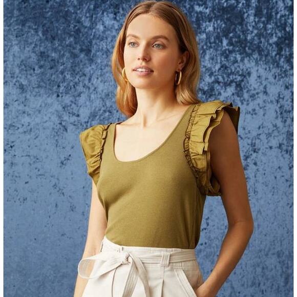 Marie Oliver Anna Top in Moss Green Ruffle Cap Flutter Short Sleeve Medium M NEW - Picture 1 of 4
